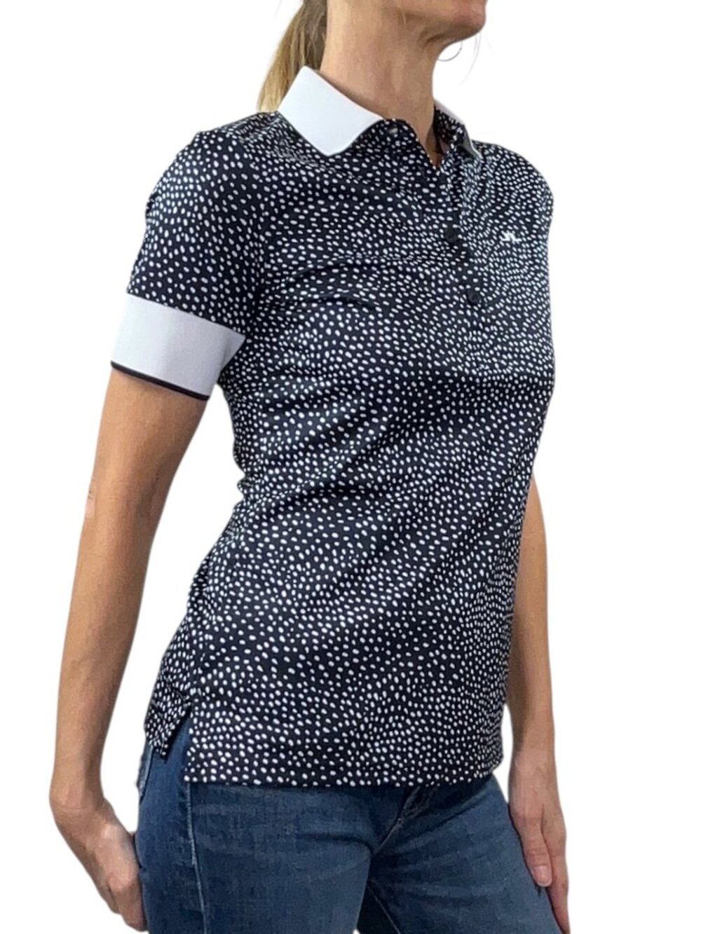 J. Lindeberg Lexie-TX Coolmax Polo Shirt S Blue Polka Dot Golf Tennis - Picture 5 of 16
